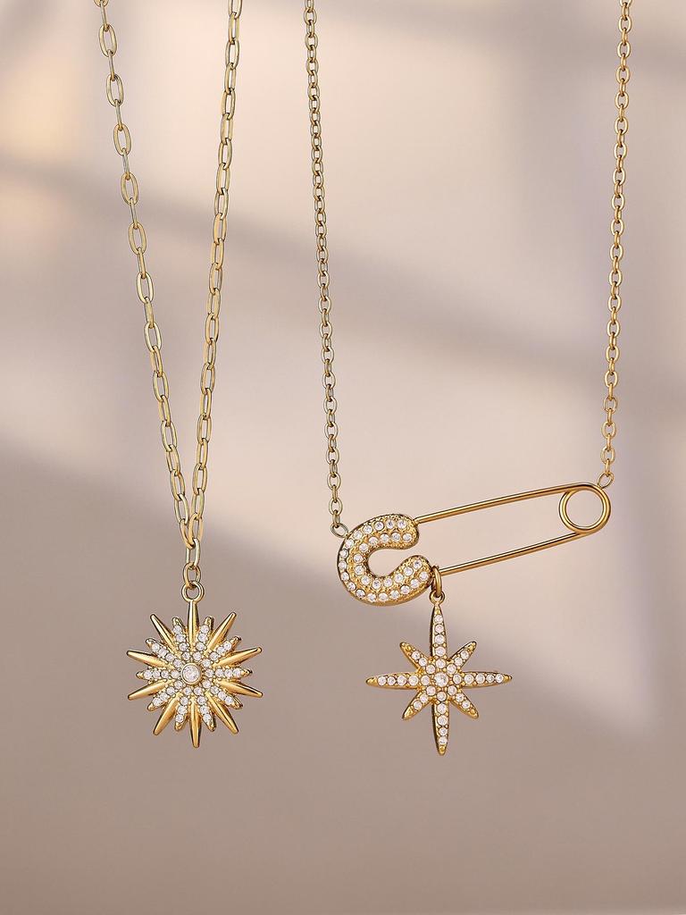 INS Inspired Design: 5A Zircon Star and Sunflower Brooch & Necklace Bracelet Set