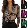 Everyday Luxury Blouse Women Shirt V-Neck Long Sleeve Pleated Design Pullover Tops Solid Smooth Fabric Color Relaxed Fit Three-Dimensional Pleats