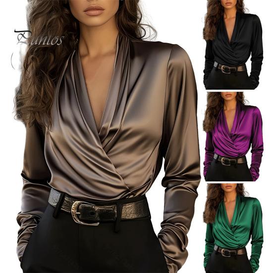 Everyday Luxury Blouse Women Shirt V-Neck Long Sleeve Pleated Design Pullover Tops Solid Smooth Fabric Color Relaxed Fit Three-Dimensional Pleats