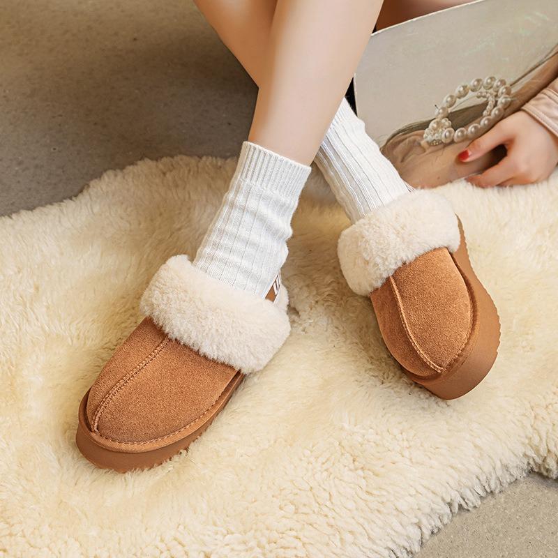 Dicksohlige flauschige Hausschuhe Herbst und Winter neu warm Rindsleder gefüttert verdickt faul ein Pedal echtes Leder Schneestiefel Damen