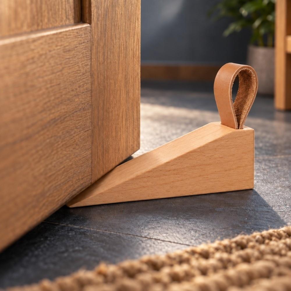 Solid Wood Door Wedge Leather Strap Door Holder New Wooden Door Stopper  Prevent Door Slamming Wall