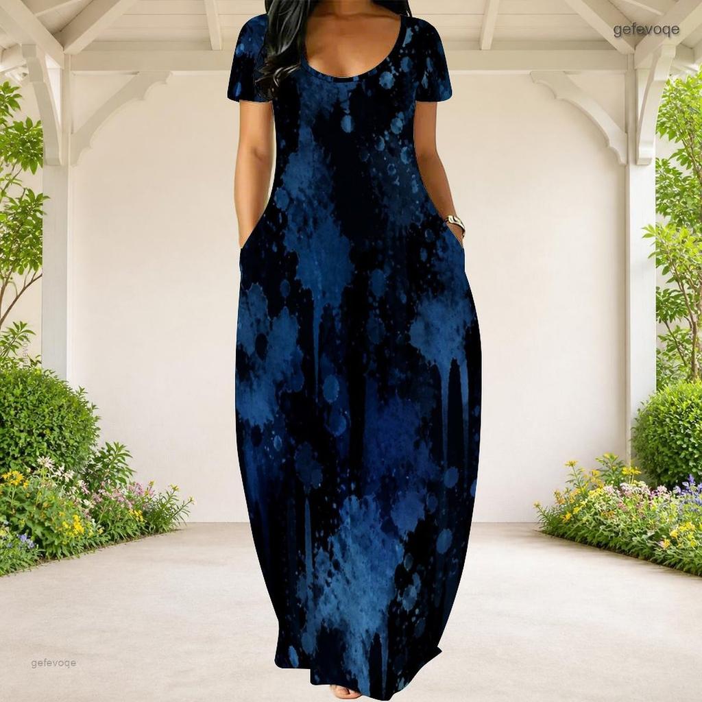 Women Plus Size Round Neck Short Sleeve Green Yellow Printed Loose Maxi Dress With Pockets