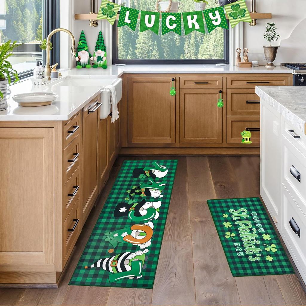 St. Patrick's Day Kitchen Rugs Sets of 2 Lucky Shamrock Gnomes Kitchen Mat St Patricks Day Floor Decorations Non Skid Washable Buffalo Plaid Mats for