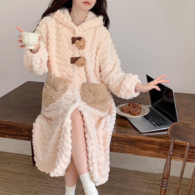 Womens Plush Fleece Sleepwear Set Long Sleeve Hooded Robe Pajamas Winter Fall Home Lounge Comfortable Warm