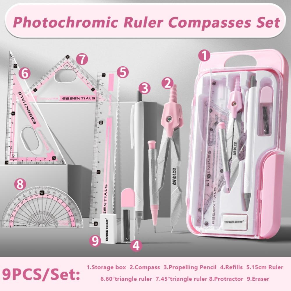 

9PCS/Set Plastic Ruler Compasses Set Photochromic Protractor Stationery Ruler Set School Office Set A 03