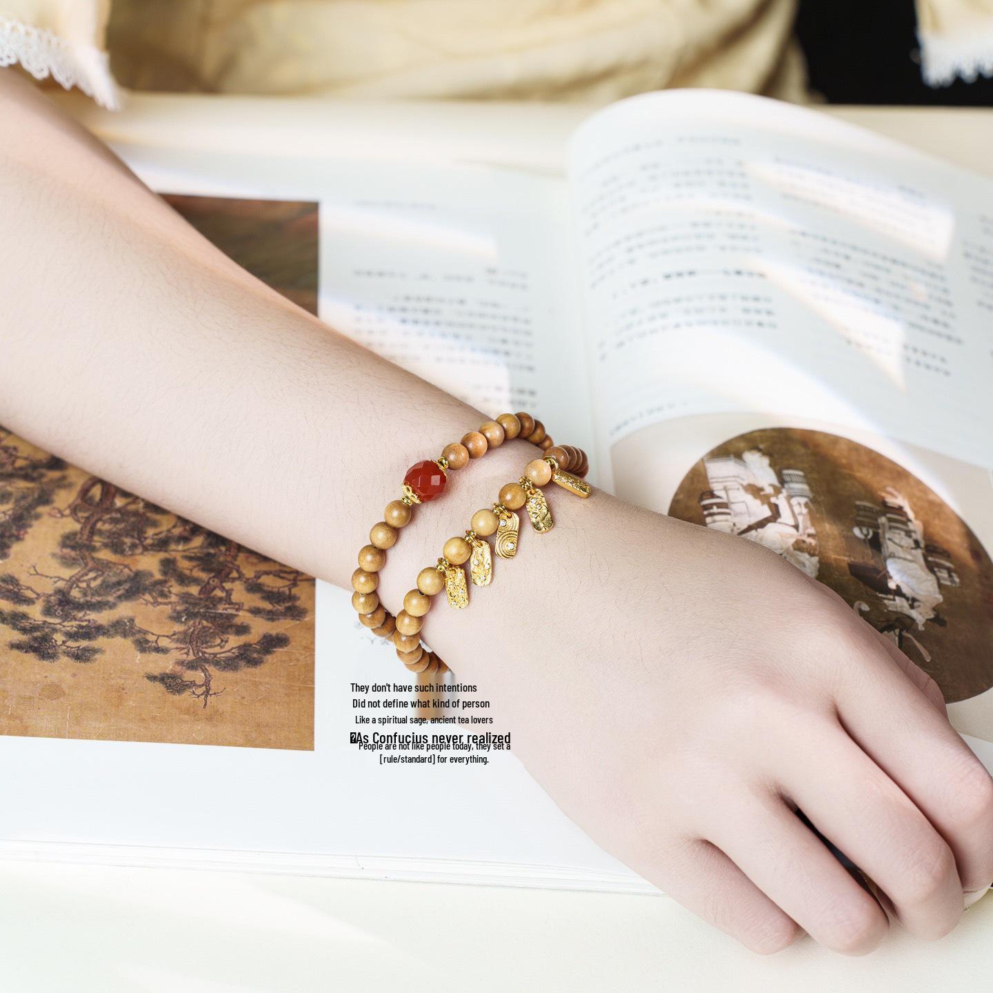 Sandalwood Double Circle Beaded Bracelet with Five Elements Pendant - Unisex, Retro Style