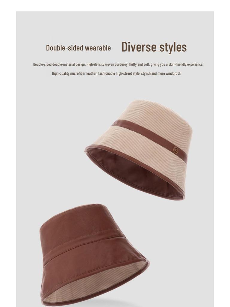 VVC Double-Sided European Style Women's Bucket Hat - Autumn/Winter Knit with PU Leather & Corduroy