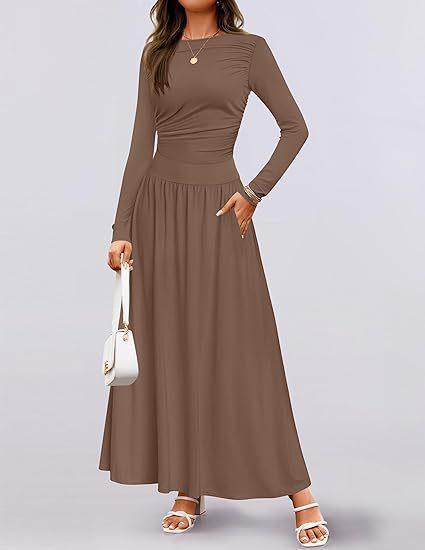JPNTKY Fashion Autumn Winter Solid Color Print Long Sleeve O-Neck Casual Dresses Unique design
