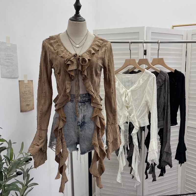 Post-Apocalyptic Style Ruffled Tie-Up Ripped Cardigan, Long-Sleeve Outer Layer