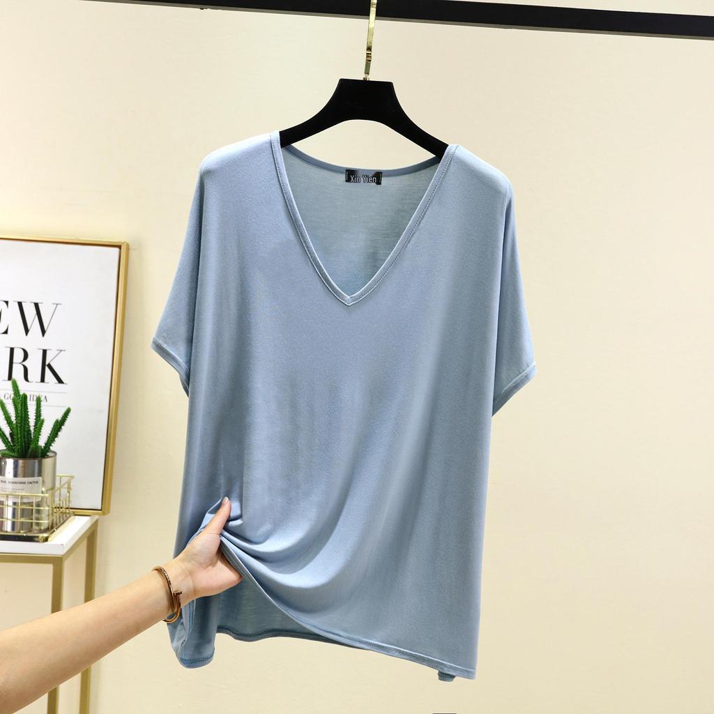Women's Solid Color V-Neck Cotton Modal Short Sleeve Loose Top