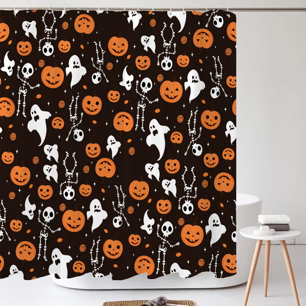 Halloween Shower Curtain Pumpkin Skull Ghost Cartoon Children Bathroom Curtain Bathtub Decoration Halloween Curtain with Hooks
