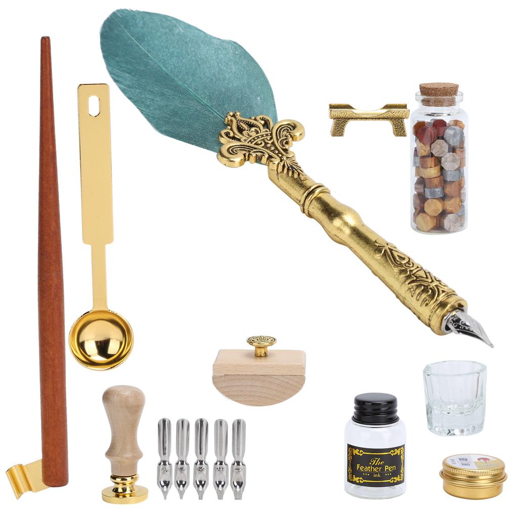 Feather Pen Wax Set Quill Dip Writing Ink Stamp Kit Vintage Student Stationery Gift BoxSP225043 Pearl Green Black