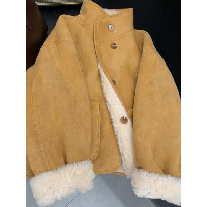 

Женская двусторонняя короткая куртка из меха ягненка - Осень/Зима 2025 с воротником-стойкой, теплый топ Large хаки