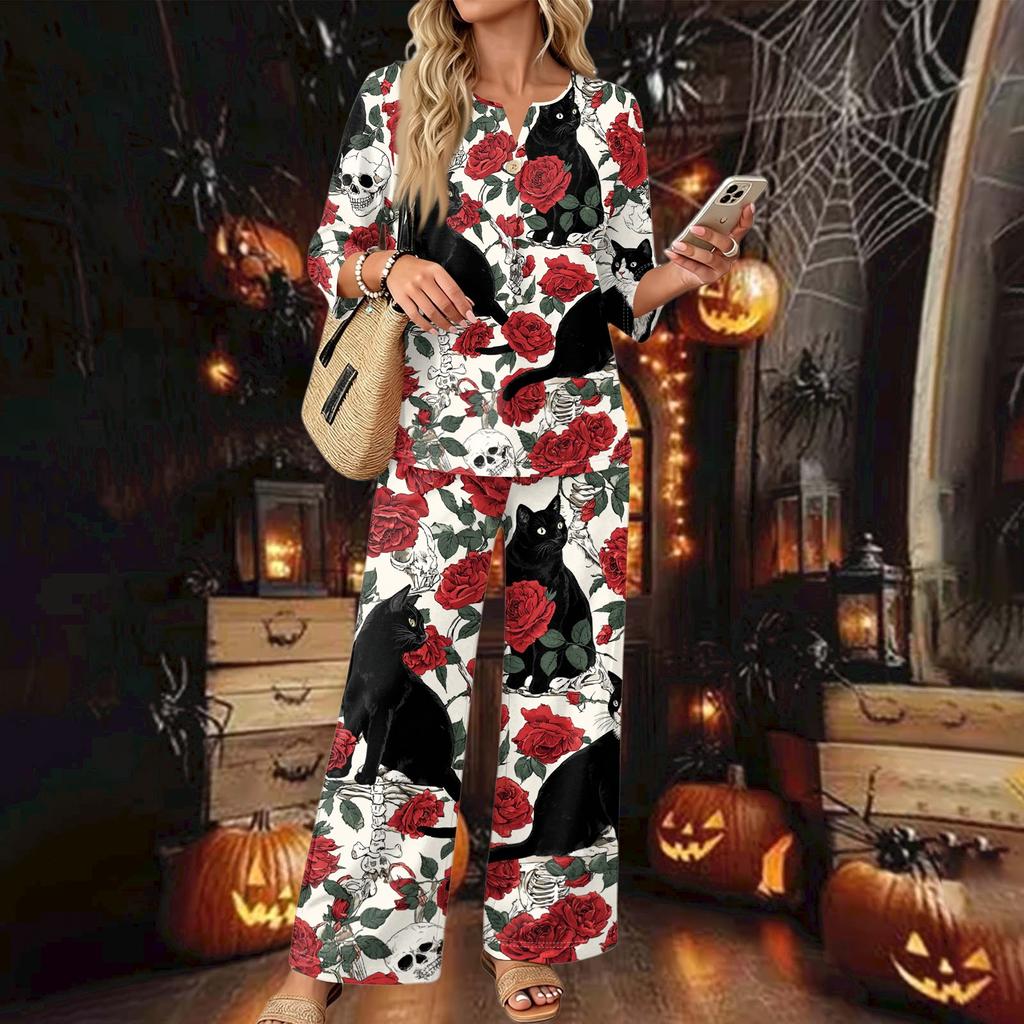 Women's Casual Printed 3/4 Sleeve Button Down Top and Wide Leg Pants 2 Piece Set