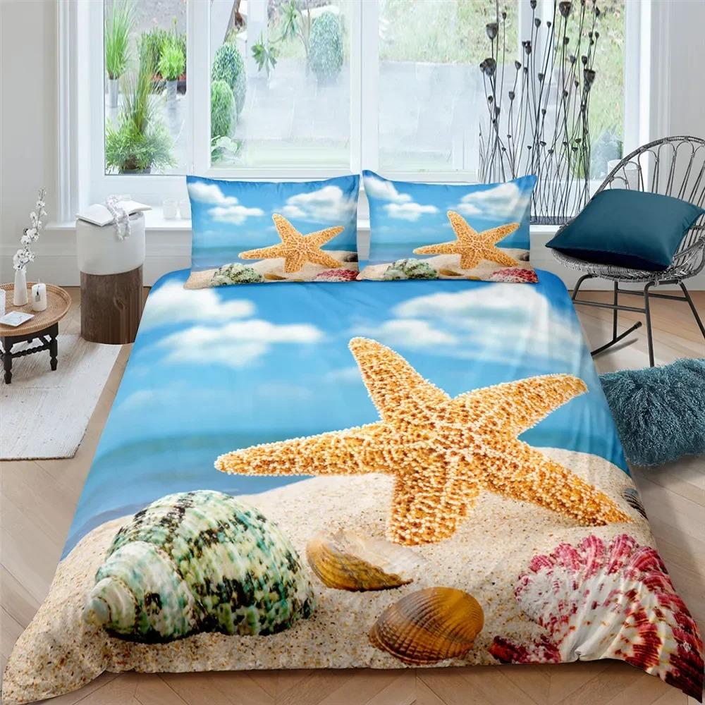 Starfish Duvet Cover Set KingQueen Size,Hawaii Tropical Landscape Duvet Cover,Beach Conch Print Comforter Cover For Kids Teens