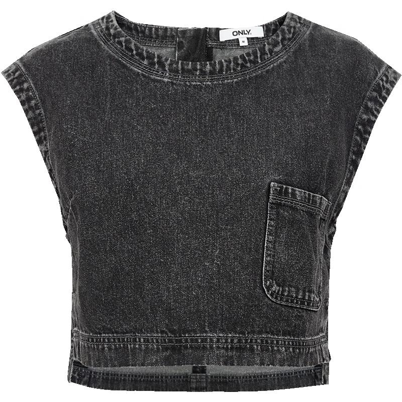 ONLY Women's Distressed Washed Sleeveless Cropped Denim T-shirt