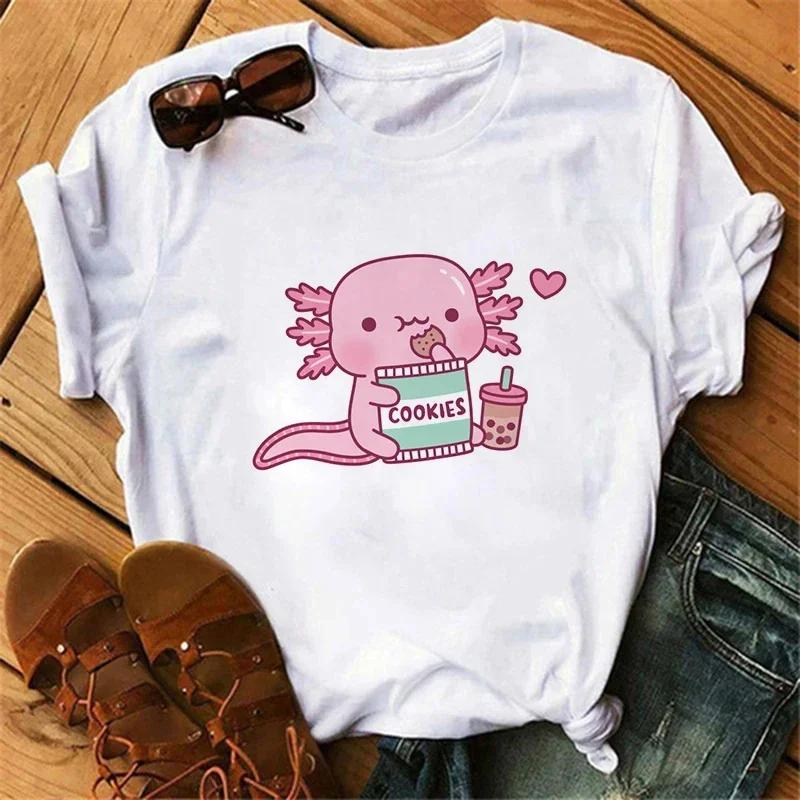 NEW Cute Axolotl Drinking Bubble Tea Printed Kids Tshirt Summer Pure Cotton Shortsleeved Casual Tops for Boys and Girls