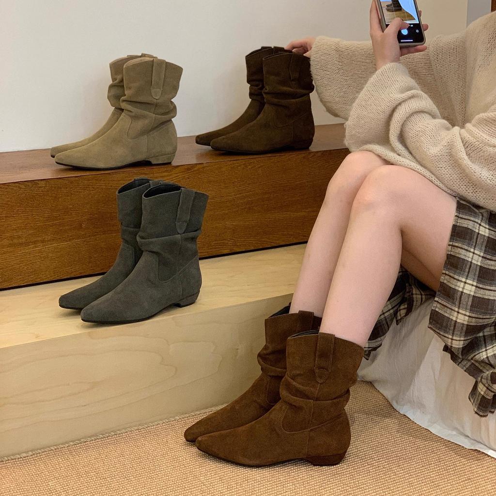 Wersja ze skóry bydlęcej! Retro buty kowbojskie z niskim obcasem i szpicem damskie jesienno-zimowe nowe buty Martin uniwersalne cienkie buty