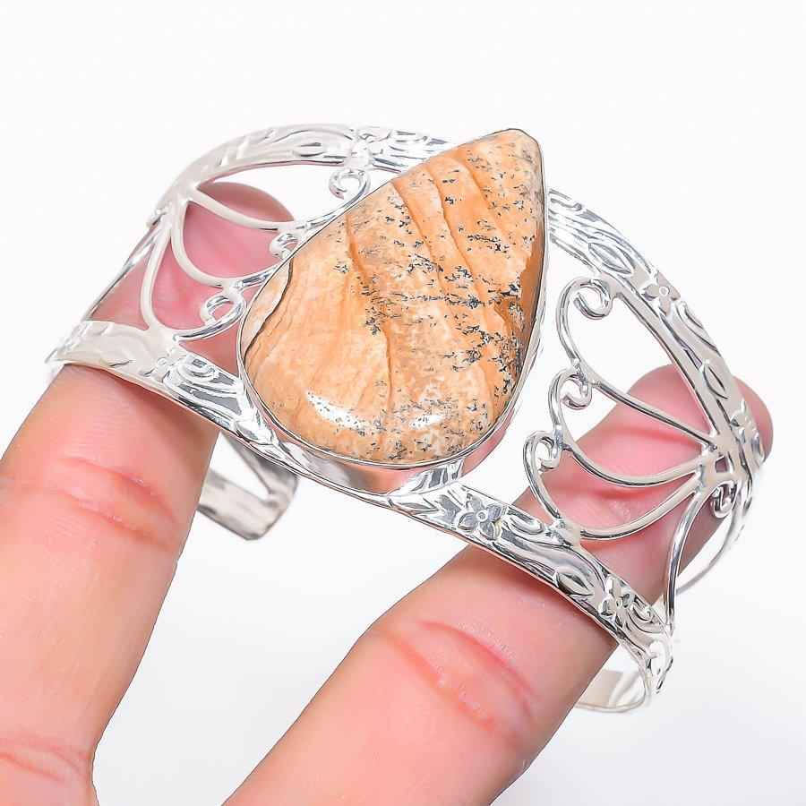 Natural Picture Jasper Gemstone 925 Sterling Silver Cuff Bangle Adjustable b7M15