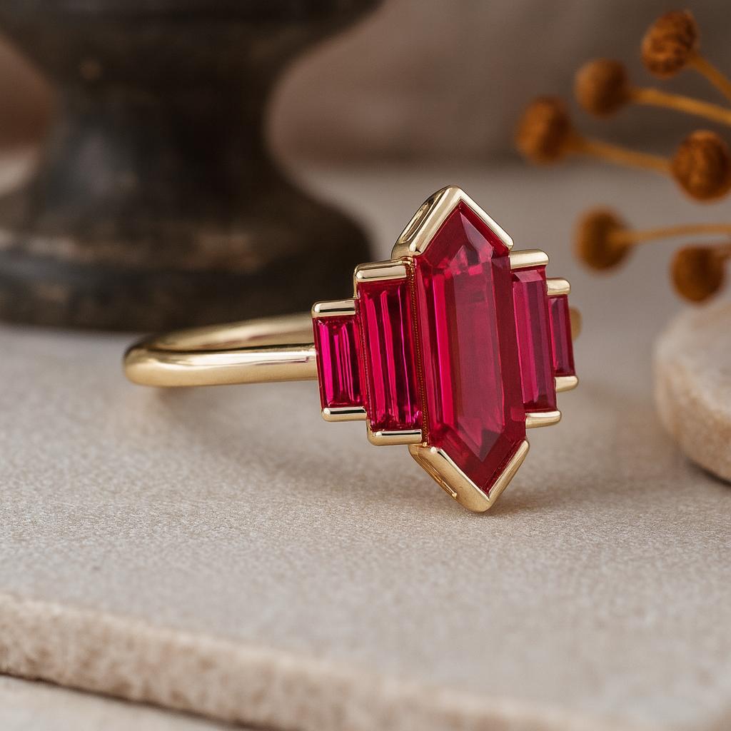 Geometric Ruby Red Gemstone Ring, Yellow Gold Plated 925 Sterling Silver, Art Deco Statement Jewelry, Anniversary Gift for Her