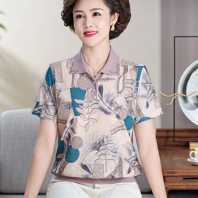 

High-Quality Summer Ice Silk Polo Shirt for Middle-Aged and Elderly Women, Short-Sleeve T-Shirt Top 5XL (Recommended 75-82.5 kg) синий