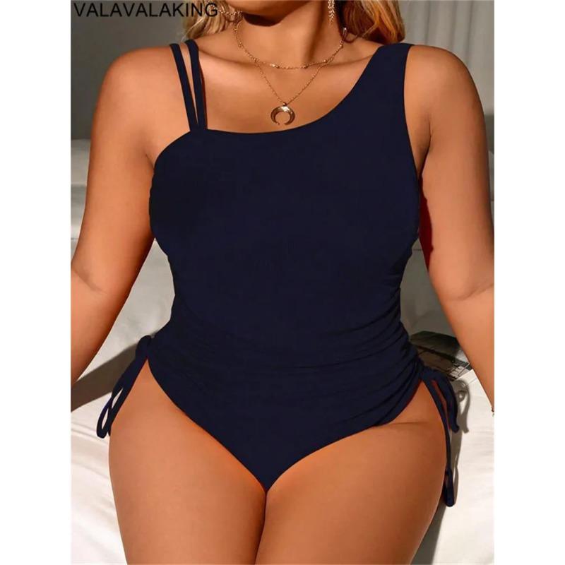 

2025 сексуальный сплошной купальник большого размера с бретельками для женщин, пуш-ап, полый, большой, цельный купальник, пляжный женский, пухлый, пышный, купальный костюм 4XL синий