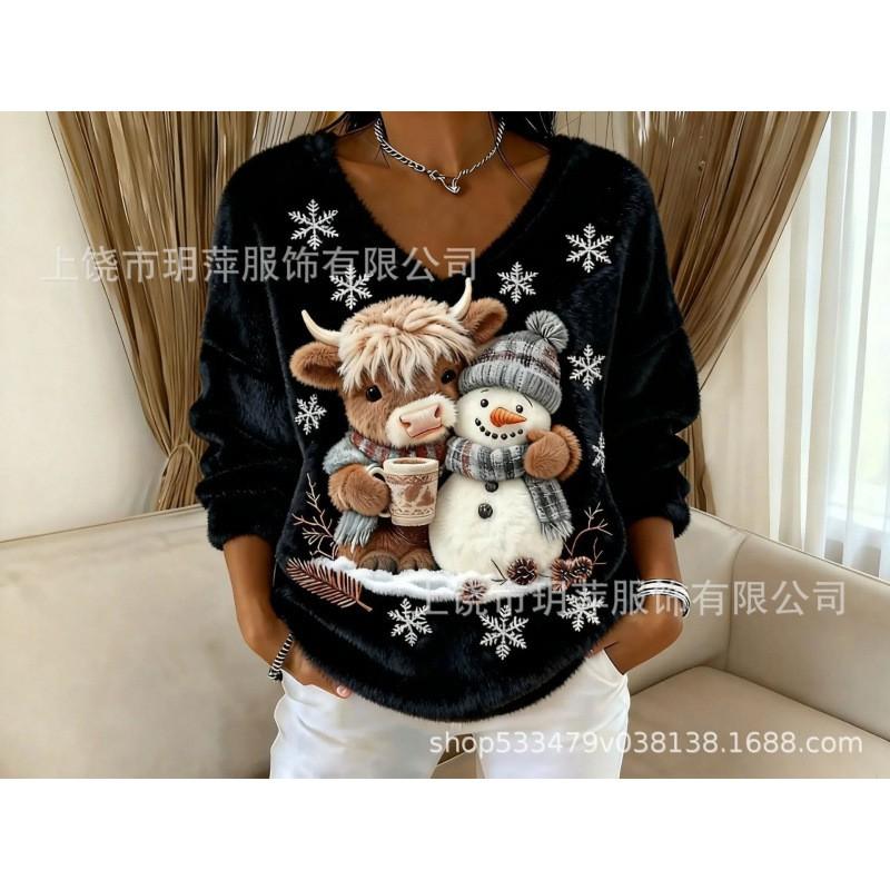 Womens V-Neck Long Sleeve Sweatshirt With 3D Digital Print Christmas Design Fall Winter Casual Hoodie