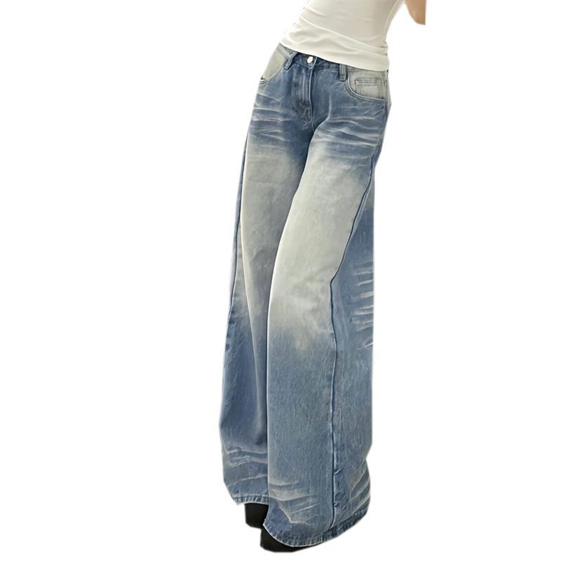 Comfortable Crease Retro Old Done Wide Leg Jeans Women Spring and Summer Loose High Waist Skinny Washed Straight Drag Floor Trousers Long Denim Pants