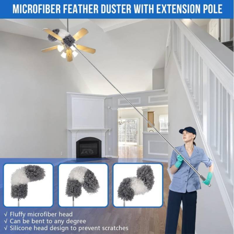 Fiber Material Telescopic Duster With Flat Head For Furniture And Ceiling Dusting