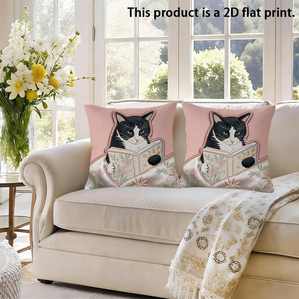 2pcs Vintage Reading Black Cat Throw Pillow Covers Cute Book Lover Cat Cushion Cases for Sofa Bedroom Living Room Decor