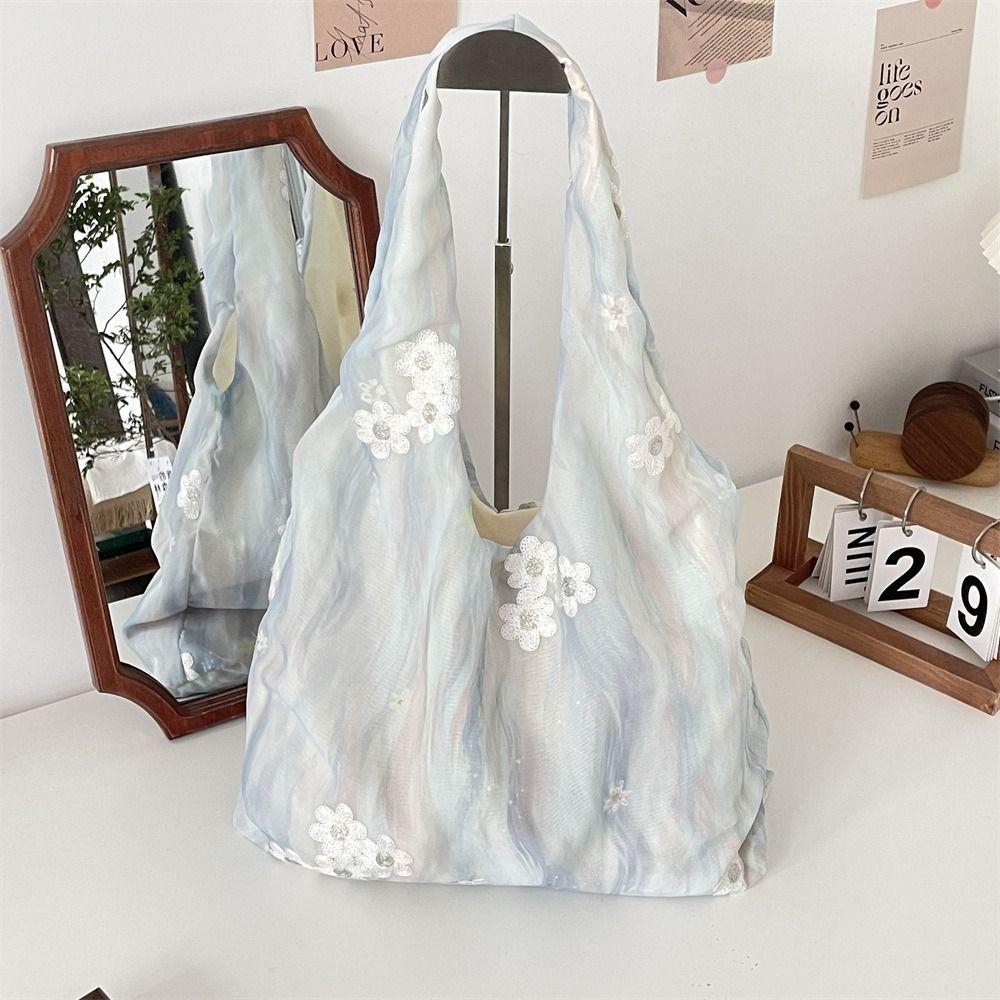 With Lace Ribbon Flower Embroidery Vest Bag Fresh Color Shoulder Bag Cute Vacation Tote Bag  Women