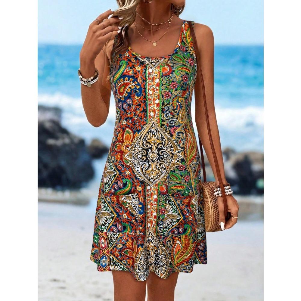 Women s Boho Ethnic Paisley Print Sleeveless Tank Mini Dress, Casual Round Neck A-Line Flowy Dress with Pockets S