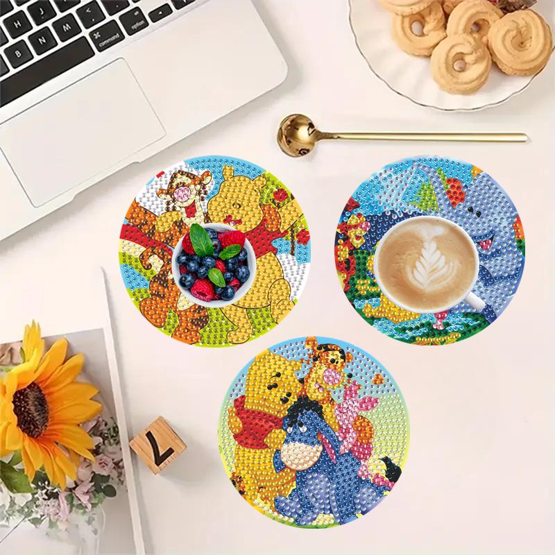8pcs/Set Partner Series DIY Diamond Painting Coasters with Holder Anti Slip Wood Drip Mats Crystal Rhinestones Diamond Art Coasters for Adults
