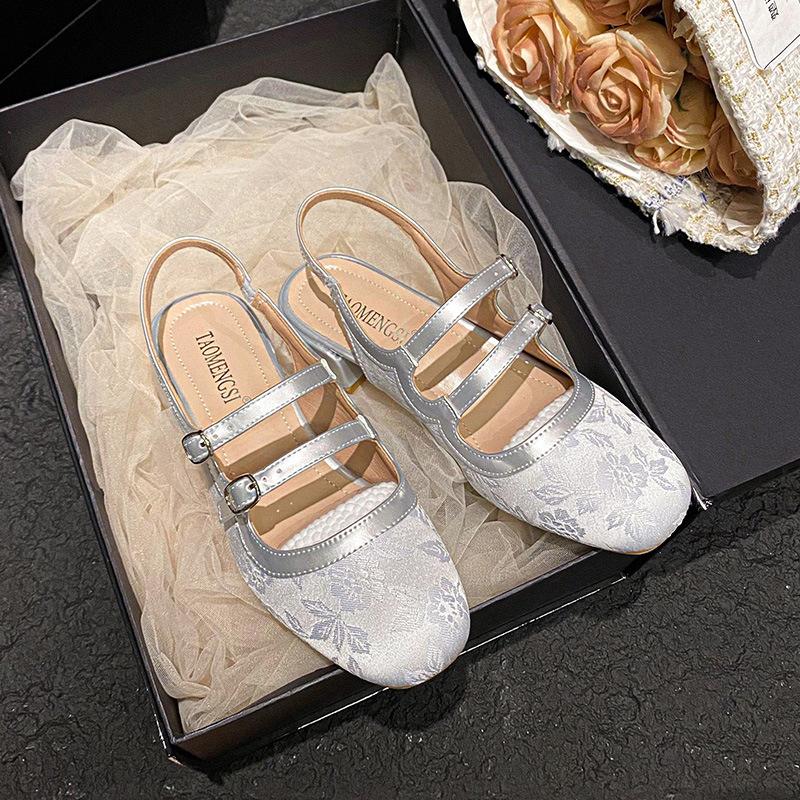 Fashion embroider silk gladiator sandals women square toe double belt summer shoes woman med-high heels sandalias mujer big size 43