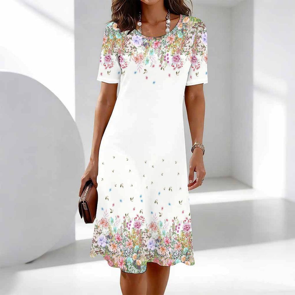 Ladies Oversized Round Neck Short Sleeve Dress Natural Floral Branch Print For Summer Outdoor Relax