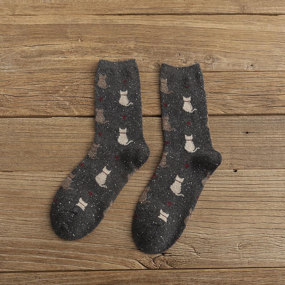 Women Socks Autumn And Winter Thicken Wool Middle Tube Socks Cute Cartoon Cat Printing Japanese College Style Loose Stockings