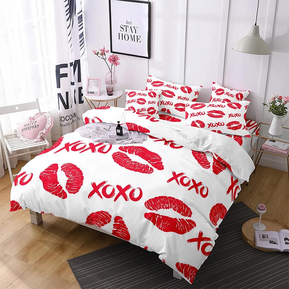 Comforter Lips Polyester Red Heart Valentine'S Day Present For Couple Wife King Queen Size Bedding Set With