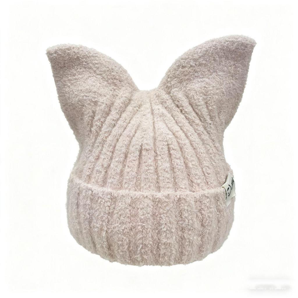 Women's Korean Fashion Cat Ear Wool Hat – Large Head Circumference, Knitted for Warmth, Shows Smaller Face, Perfect for Autumn & Winter