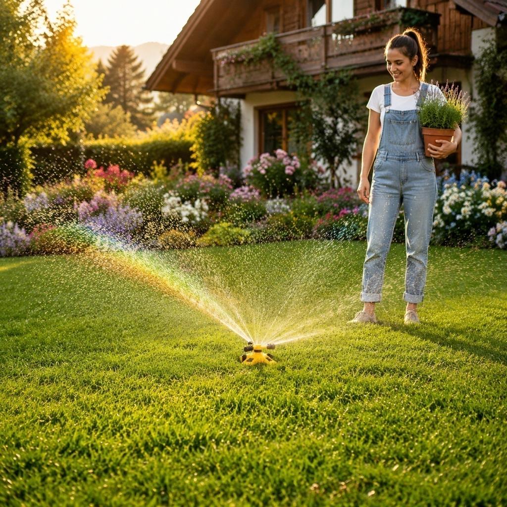 360 Degree Automatic Rotating Lawn Sprinkler Watering System with Adjustable Spray Arms and Hose Connector for Garden Lawn Irrigation