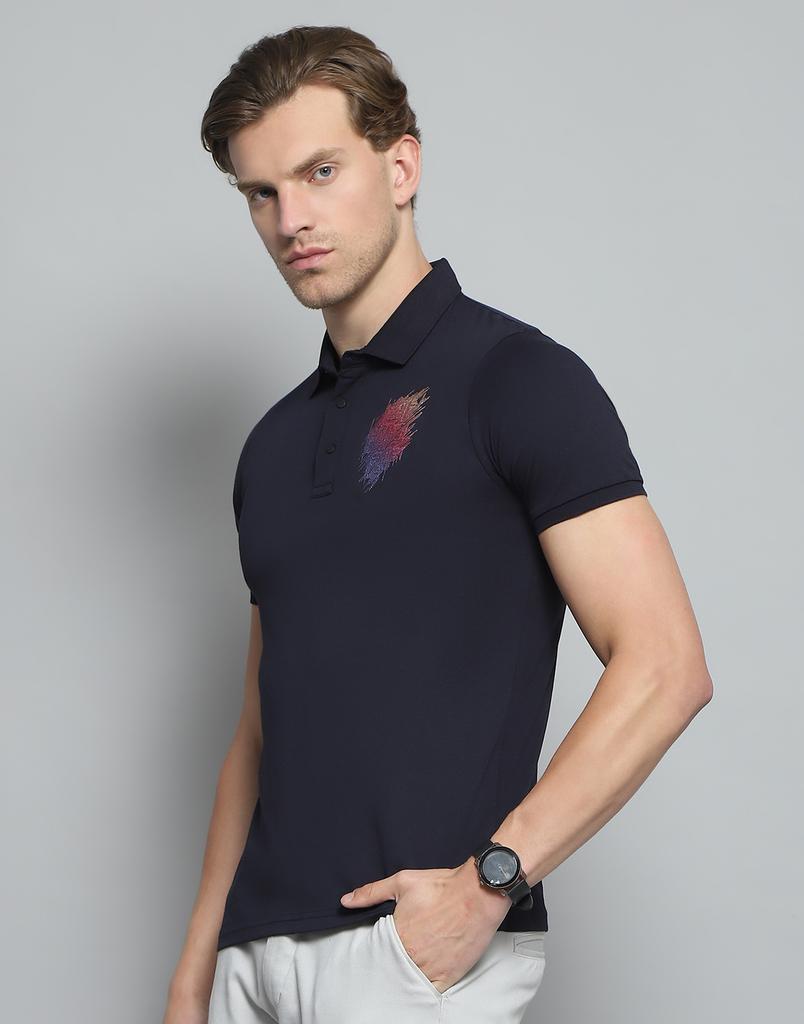 Monte Carlo Mens Printed Navy Blue Collar Neck Half Sleeve T-Shirt