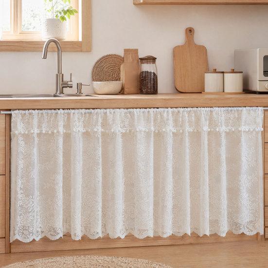 White Lace Window Valance, Sheer Vintage Floral Lace Short Curtain, Light Filtering Valance Curtain with Rod Pocket for Basement Kitchen Window