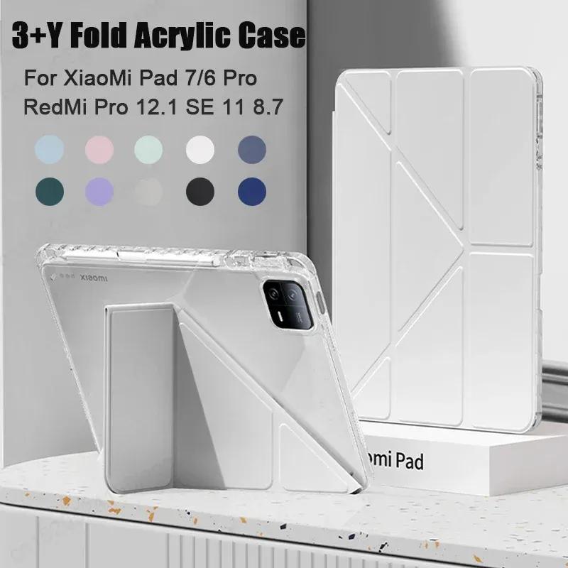 Case For Xiaomi RedMi Pad SE 11 8.7 Pro 12.1 K Pad 2 Mini 8.8 Acrylic Back Tablet Cover for Mi Pad 8 7 6 5 Pro 11" 11.2" Awake/Sleep Y+3 Fold Funda