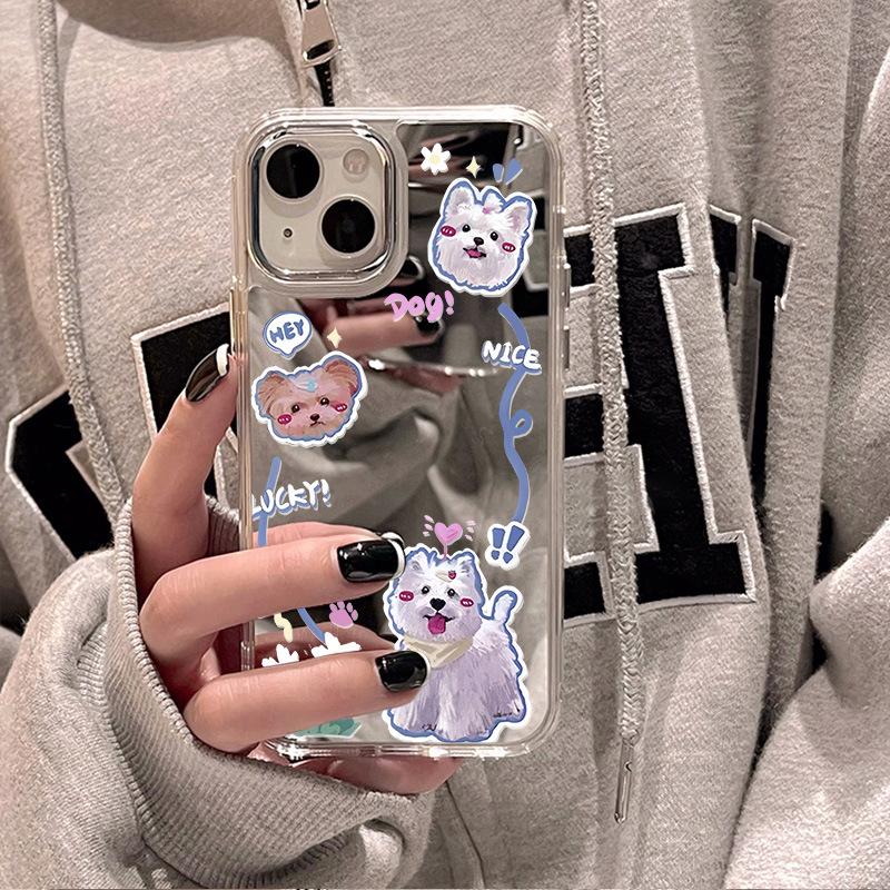 Naughty puppy applies to iPhone17promax mirror phone case 15 niche 13/14 Apple 16 large hole 12