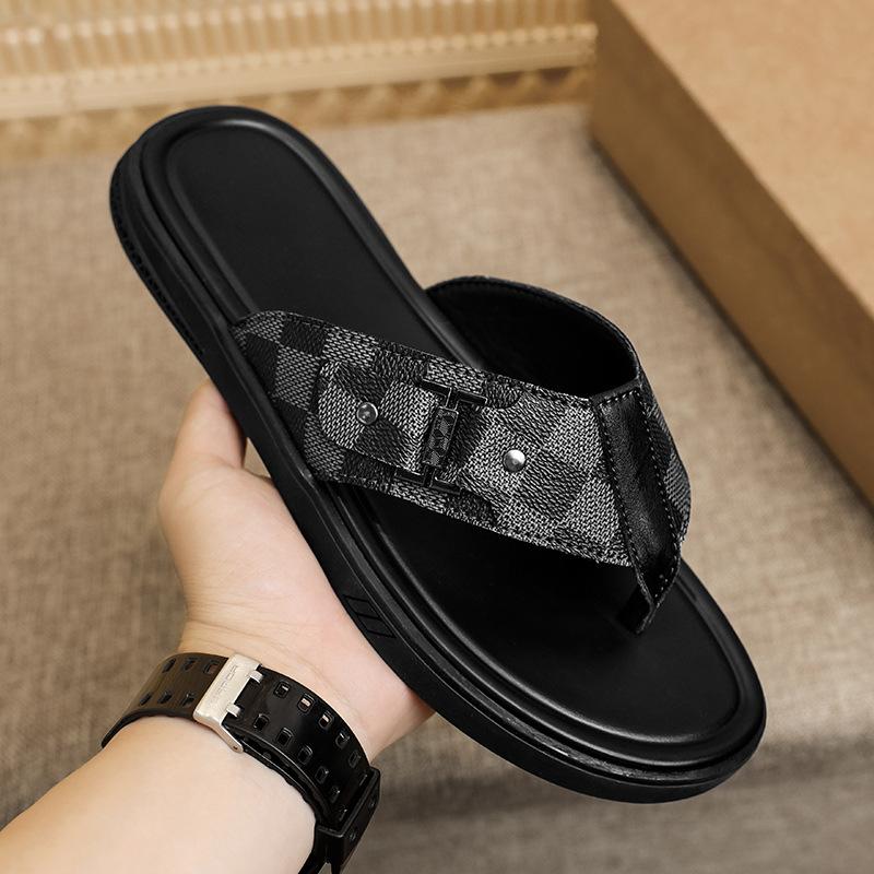 Plain version dynamic cool slippers men's summer toe flip-flops men's cowhide sandals men's shoes first layer beach shoes comfortable