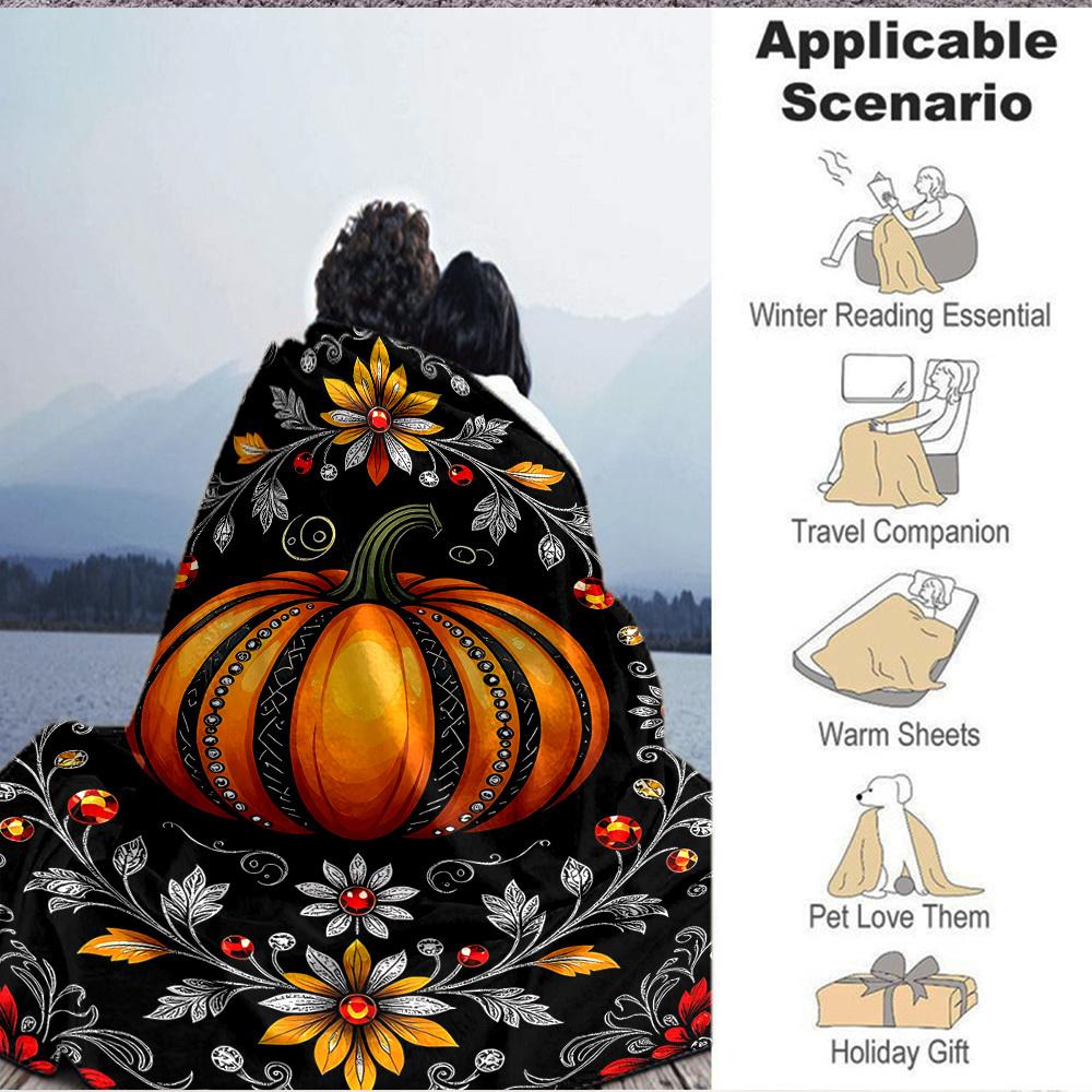 1pc Pumpkin Floral Blanket, Lightweight Flannel Throw Blanket for Sofa, Bed, Travel, Camping, Living Room, Office, Couch, Chair, and Bed