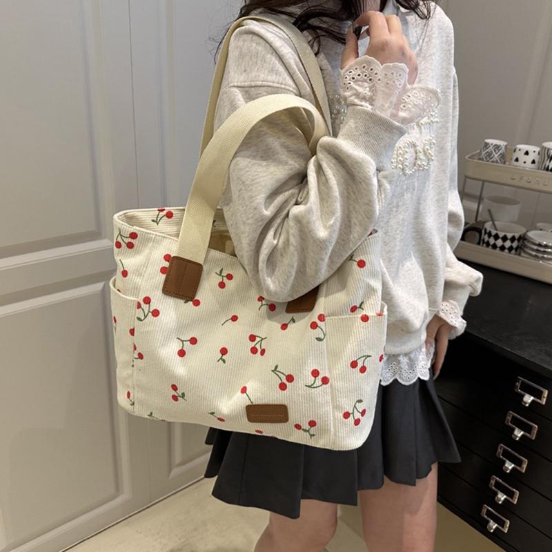 Corduroy Tote Bag Cute Cherry Patched Purse for Women Fabric Large Capacity Tote Purse Shoulder Bag Casual Underarm Bags CLE