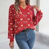 Yousheng Women Sweater V-Neck Lantern Long Sleeve Ribbed Trim Pullover Jumper Heart Pattern Knit Tops Daily Wear