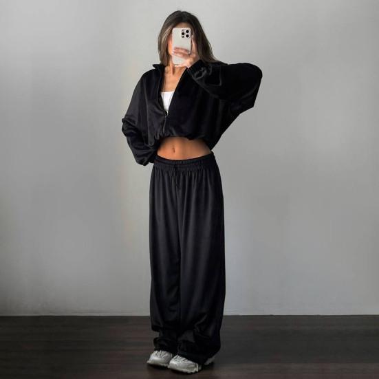 Two Piece Tracksuit Set for Women Cropped Zip Up Sweatshirt And Wide Leg Sweatpants Sets Spring Casual Sweatsuit Lounge Set