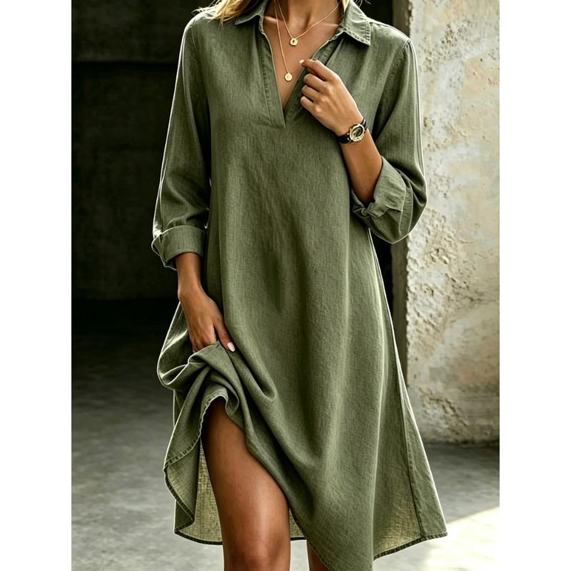 MGHR Moda Feminina Outono Inverno Cor Sólida Estampa Decote V Manga Longa Vestidos Casuais