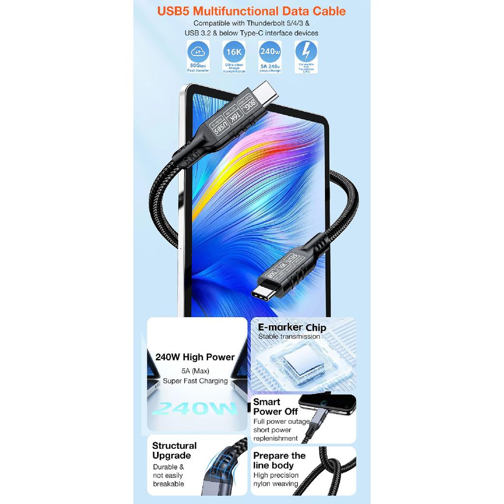 USB 5.0 Type C To C Data Charger Cable For Macbook iPhone Samsung Phone 20cm 50cm Short 1M 2M 3M Long 240W Fast Charge 16K Cord